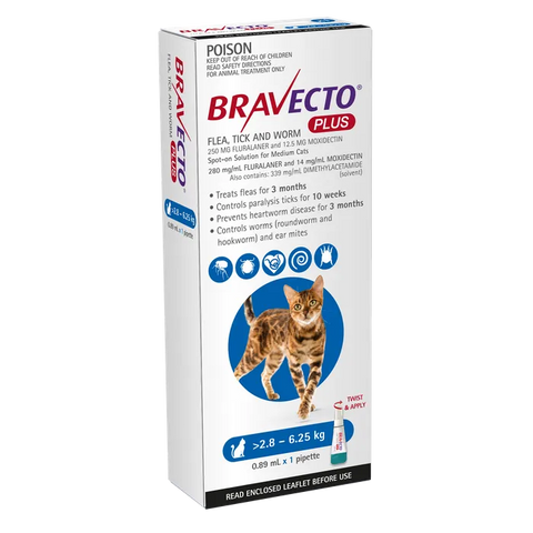 BRAVECTO PLUS CAT Flea Medication Worm Tick Medication 2.8-6.25KG 1 PACK