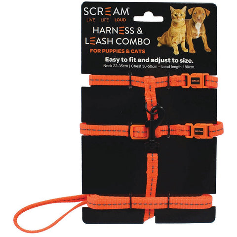 Scream REFLECTIVE ADJ. NYLON CAT Harness PUPPY Harness Dog Harness with Leash 1 cm HARNESS w/LEASH Loud Orange Green