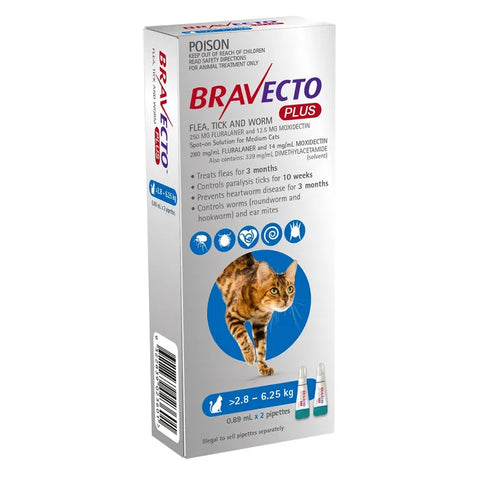 BRAVECTO PLUS CAT Medication Flea Heartworm Ticks 2.8-6.25 KG 2PK