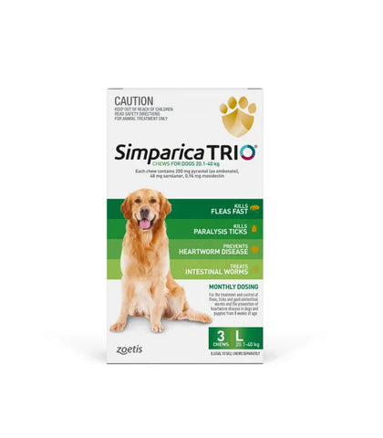 SIMPARICA TRIO Dog Puppies Flea Heartworm Ticks Parasite Worms Treatment 20.1-40KG GREEN 3 PACK