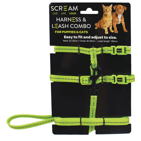 Scream REFLECTIVE ADJ. NYLON CAT Harness Dog and PUPPY Harness 1 cm HARNESS w/LEASH Loud Green 180 cm Leash